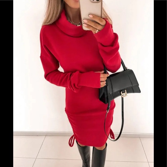 🎉Limited Offer Chic Casual Red Midi Turtleneck Ruched Dress - Picture 1 of 7